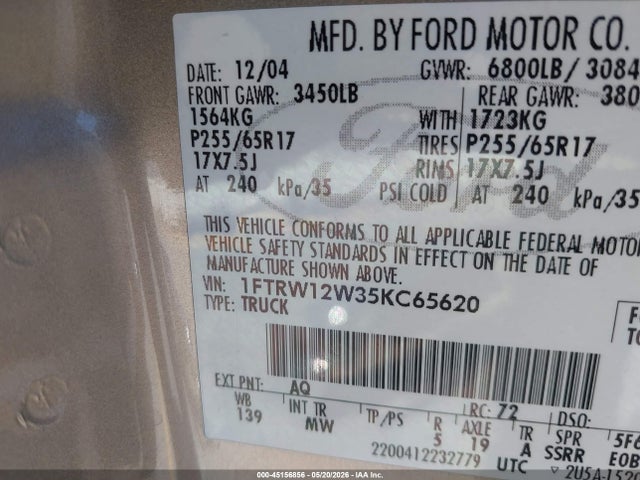 Продаж на аукціоні авто 2005 Ford F-150 Xlt, vin: 1FTRW12W35KC65620, номер лоту: 45156856