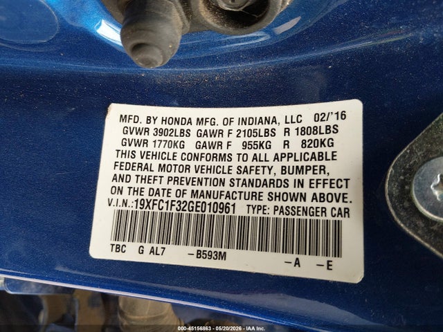 2016 Honda Civic Ex-t მანქანა იყიდება აუქციონზე, vin: 19XFC1F32GE010961, აუქციონის ნომერი: 45156863