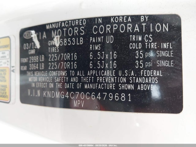 Продажа на аукционе авто 2012 Kia Sedona Lx, vin: KNDMG4C70C6479681, номер лота: 45156864
