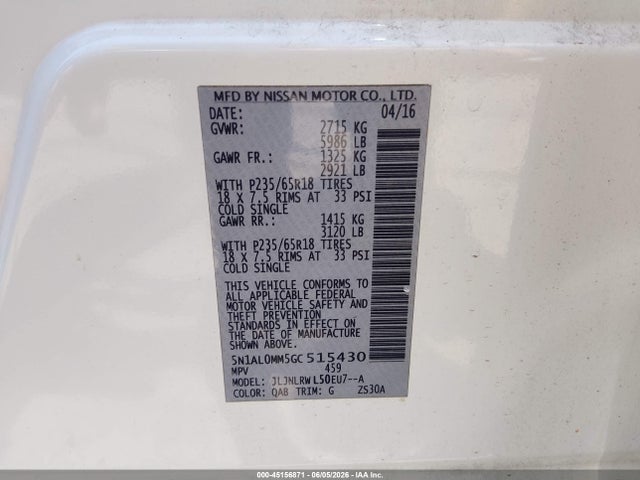 Auction sale of the 2016 Infiniti Qx60, vin: 5N1AL0MM5GC515430, lot number: 45156871