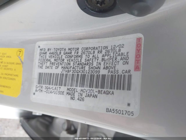 Aukcja sprzedaży 2003 Lexus Es 300, vin: JTHBF30GX30123099, numer aukcji: 45156873