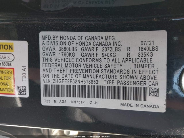 Продажа на аукционе авто 2022 Honda Civic Sport, vin: 2HGFE2F52NH518853, номер лота: 45156877