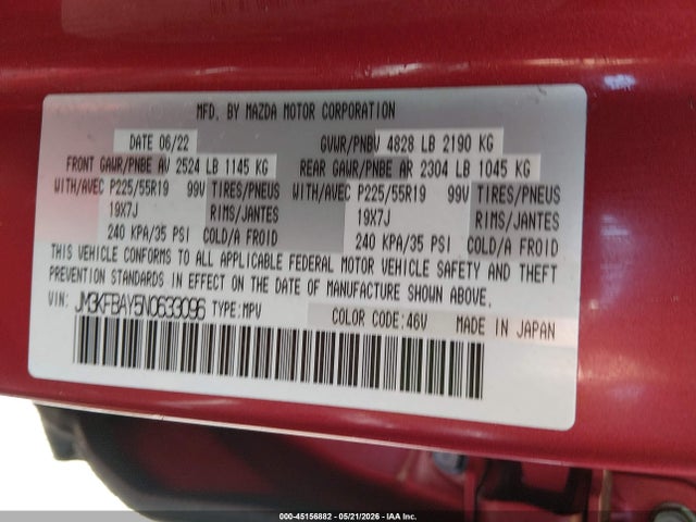Aukcja sprzedaży 2022 Mazda Cx-5 2.5 Turbo, vin: JM3KFBAY5N0633096, numer aukcji: 45156882