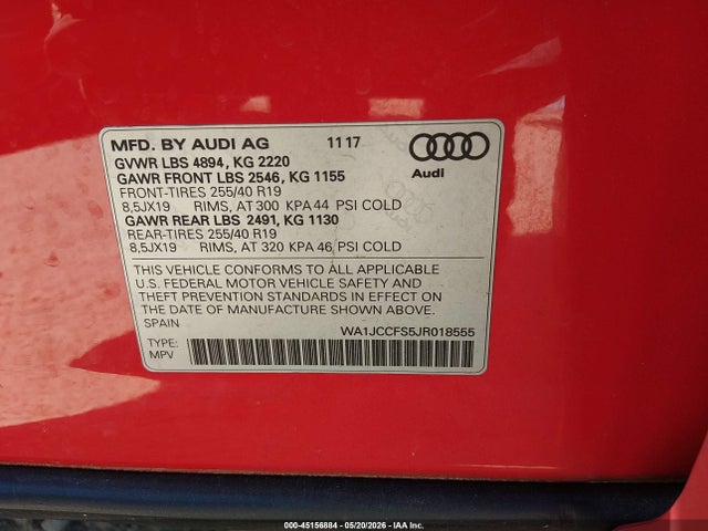2018 Audi Q3 2.0t Premium/2.0t Sport Premium მანქანა იყიდება აუქციონზე, vin: WA1JCCFS5JR018555, აუქციონის ნომერი: 45156884