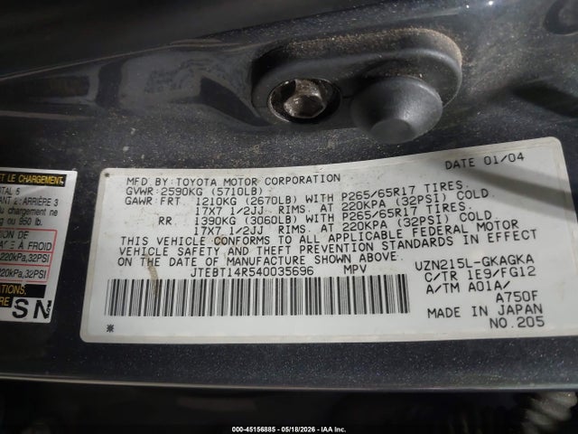 Aukcja sprzedaży 2004 Toyota 4runner Sr5 V8, vin: JTEBT14R540035696, numer aukcji: 45156885