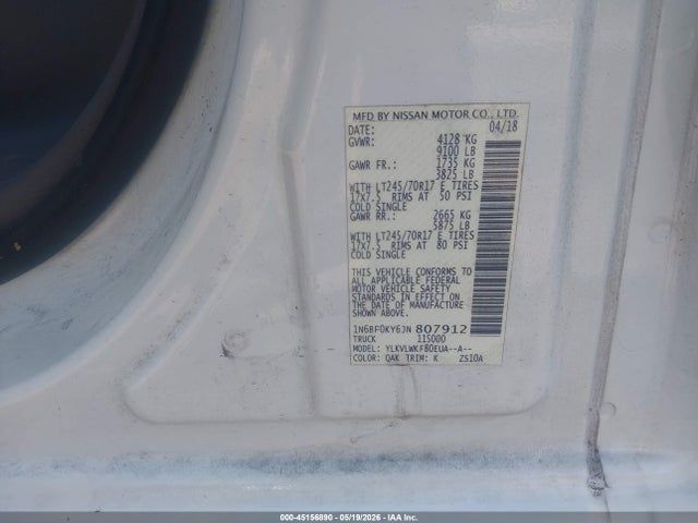 45156890 :رقم المزاد ، 1N6BF0KY6JN807912 vin ، 2018 Nissan Nv Cargo Nv2500 Hd S V6 مزاد بيع