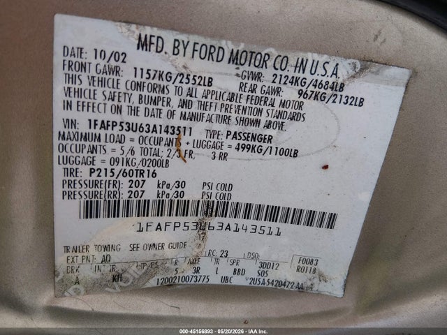 Aukcja sprzedaży 2003 Ford Taurus Se, vin: 1FAFP53U63A143511, numer aukcji: 45156893