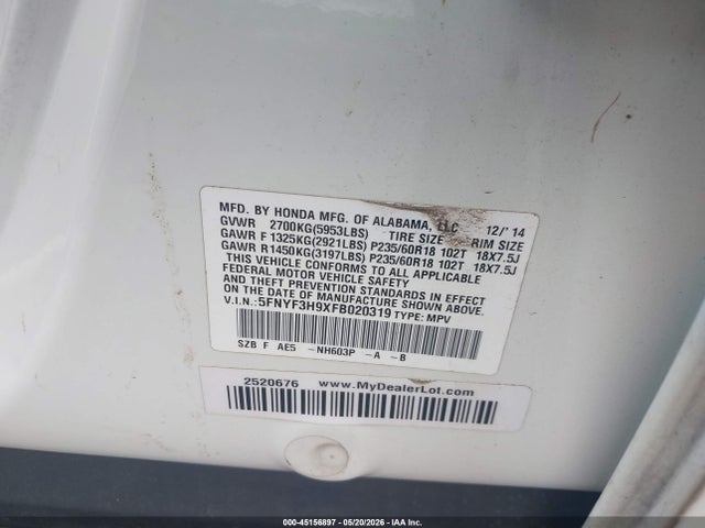 Aukcja sprzedaży 2015 Honda Pilot Touring, vin: 5FNYF3H9XFB020319, numer aukcji: 45156897