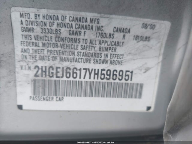 45156907 :رقم المزاد ، 2HGEJ6617YH596951 vin ، 2000 Honda Civic Value Package مزاد بيع