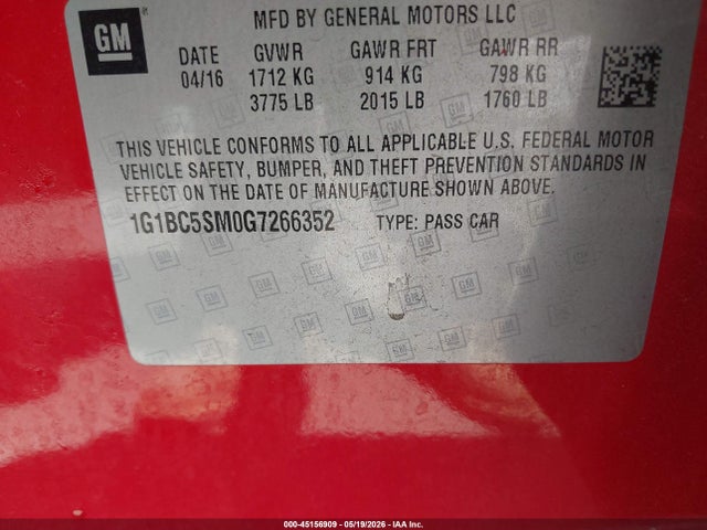 Aukcja sprzedaży 2016 Chevrolet Cruze Ls Auto, vin: 1G1BC5SM0G7266352, numer aukcji: 45156909