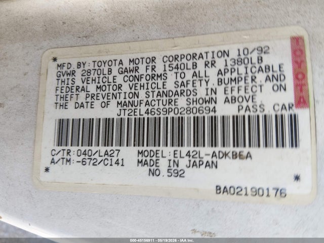 45156911 :رقم المزاد ، JT2EL46S9P0280694 vin ، 1993 Toyota Tercel Std مزاد بيع