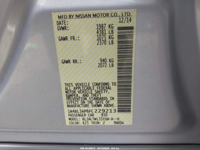 Aukcja sprzedaży 2015 Nissan Altima 3.5 Sl, vin: 1N4BL3AP6FC229213, numer aukcji: 45156912