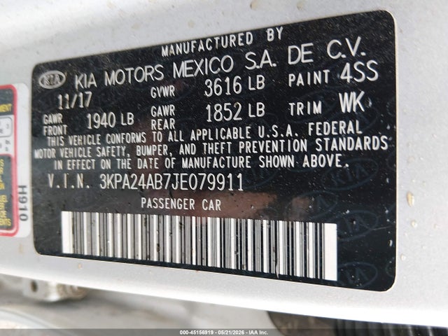 45156919 :رقم المزاد ، 3KPA24AB7JE079911 vin ، 2018 Kia Rio S مزاد بيع