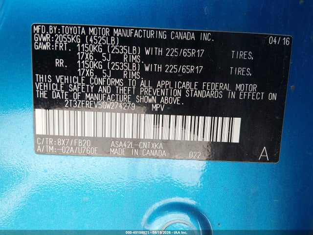 2T3ZFREV5GW274279 Toyota RAV4 LE