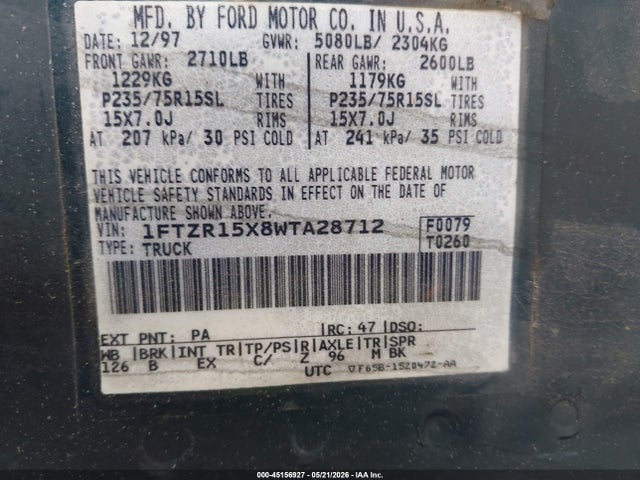 1998 Ford Ranger Splash/xl/xlt მანქანა იყიდება აუქციონზე, vin: 1FTZR15X8WTA28712, აუქციონის ნომერი: 45156927