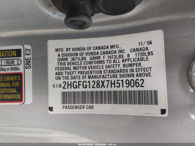 Продажа на аукционе авто 2007 Honda Civic Ex, vin: 2HGFG128X7H519062, номер лота: 45156939