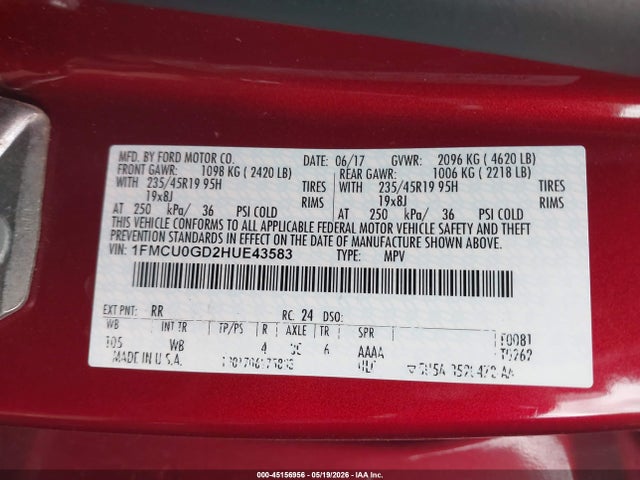 Продажа на аукционе авто 2017 Ford Escape Se, vin: 1FMCU0GD2HUE43583, номер лота: 45156956