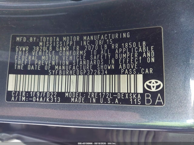 Aukcja sprzedaży 2016 Toyota Corolla L/le/le Plus/le Premium/s/s Plus/s Premium/s W/special Edition Pkg, vin: 5YFBURHE0GP372634, numer aukcji: 45156966