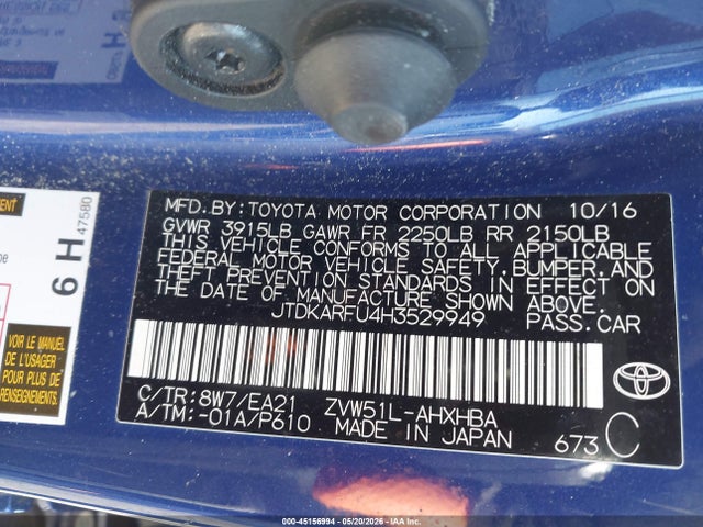 45156994 :رقم المزاد ، JTDKARFU4H3529949 vin ، 2017 Toyota Prius Four Touring مزاد بيع