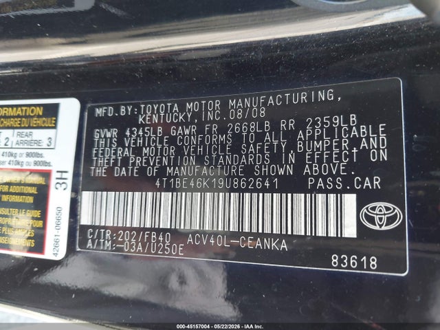 Aukcja sprzedaży 2009 Toyota Camry Le, vin: 4T1BE46K19U862641, numer aukcji: 45157004