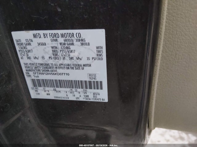 2006 Ford F-150 Xlt მანქანა იყიდება აუქციონზე, vin: 1FTRW12W56KD07710, აუქციონის ნომერი: 45157007