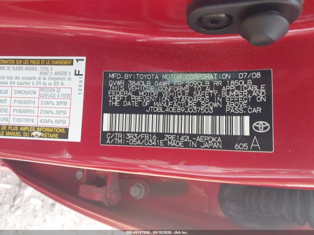 45157009 :رقم المزاد ، JTDBL40E89J037503 vin ، 2009 Toyota Corolla Le مزاد بيع