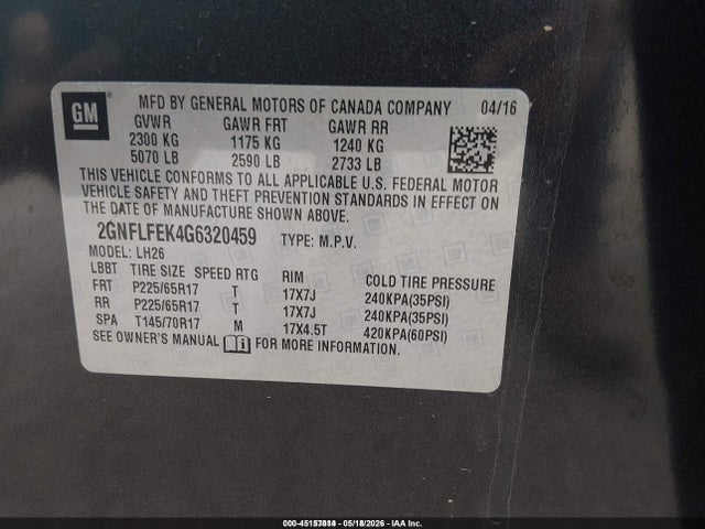Chevrolet EQUINOX LT 2016 2GNFLFEK4G6320459 Image 9