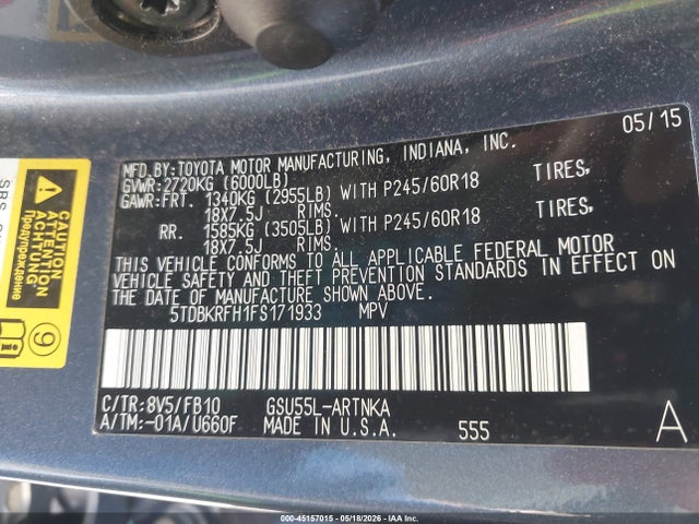 45157015 :رقم المزاد ، 5TDBKRFH1FS171933 vin ، 2015 Toyota Highlander Le V6 مزاد بيع
