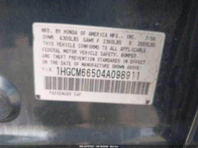 Продаж на аукціоні авто 2004 Honda Accord 3.0 Ex, vin: 1HGCM66504A098911, номер лоту: 45157027