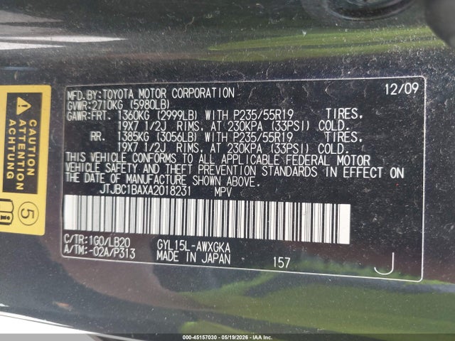 45157030 :رقم المزاد ، JTJBC1BAXA2018231 vin ، 2010 Lexus Rx 450h مزاد بيع