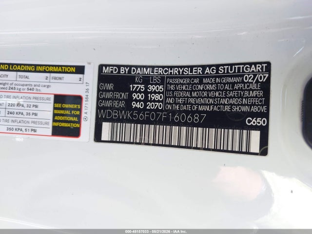 Продажа на аукционе авто 2007 Mercedes-benz Slk 350, vin: WDBWK56F07F160687, номер лота: 45157033