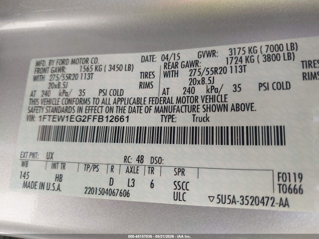 2015 Ford F-150 Lariat მანქანა იყიდება აუქციონზე, vin: 1FTEW1EG2FFB12661, აუქციონის ნომერი: 45157036
