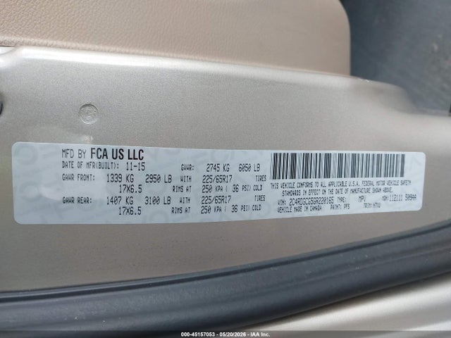 45157053 :رقم المزاد ، 2C4RDGCG5GR220165 vin ، 2016 Dodge Grand Caravan Sxt مزاد بيع
