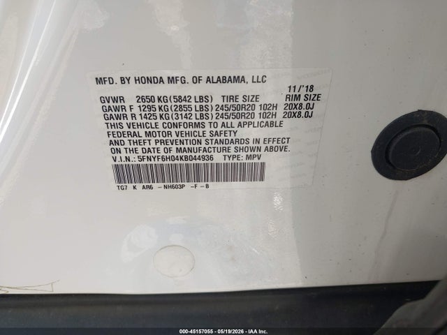 Aukcja sprzedaży 2019 Honda Pilot Elite, vin: 5FNYF6H04KB044936, numer aukcji: 45157055