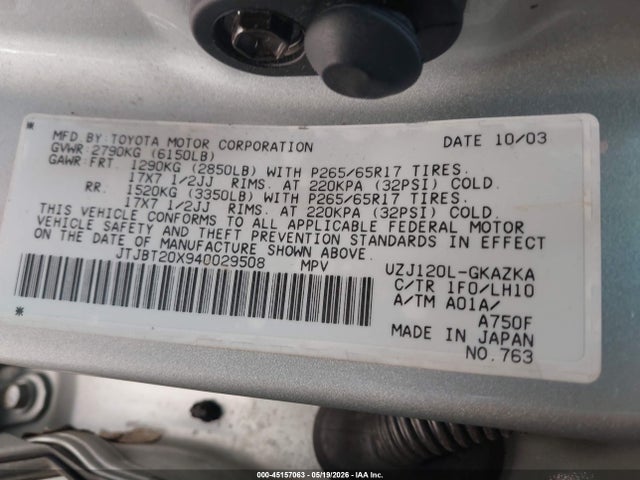 Aukcja sprzedaży 2004 Lexus Gx 470, vin: JTJBT20X940029508, numer aukcji: 45157063
