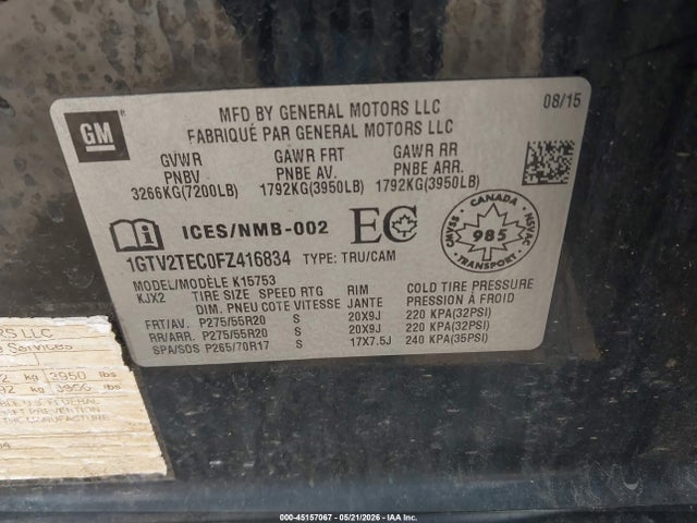 Продаж на аукціоні авто 2015 Gmc Sierra 1500, vin: 1GTV2TEC0FZ416834, номер лоту: 45157067