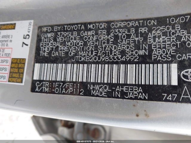 2008 Toyota Prius მანქანა იყიდება აუქციონზე, vin: JTDKB20U983334992, აუქციონის ნომერი: 45157070
