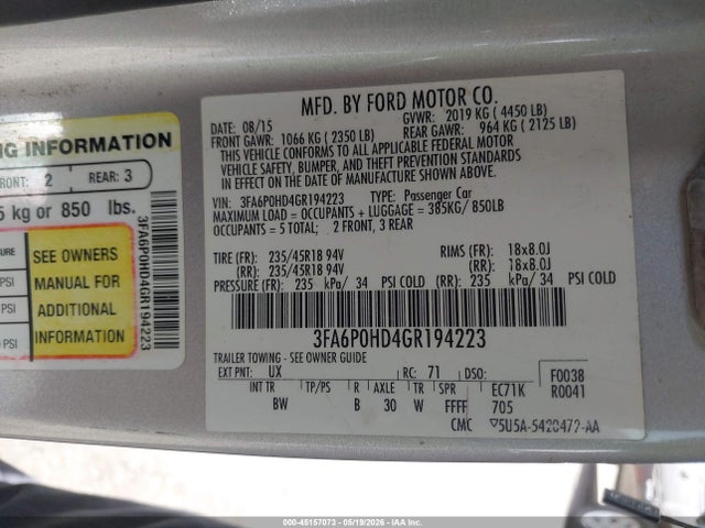 Aukcja sprzedaży 2016 Ford Fusion Se, vin: 3FA6P0HD4GR194223, numer aukcji: 45157073