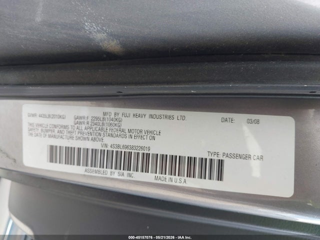 2008 Subaru Legacy 2.5gt Spec.b მანქანა იყიდება აუქციონზე, vin: 4S3BL696383226019, აუქციონის ნომერი: 45157076