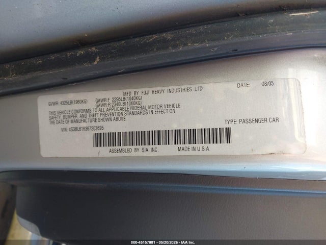 2006 Subaru Legacy 2.5i მანქანა იყიდება აუქციონზე, vin: 4S3BL616367203695, აუქციონის ნომერი: 45157081