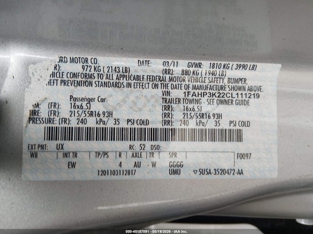 Продажа на аукционе авто 2012 Ford Focus Se, vin: 1FAHP3K22CL111219, номер лота: 45157091