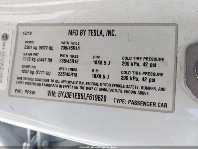 Продажа на аукционе авто 2020 Tesla Model 3 Long Range Dual Motor All-wheel Drive, vin: 5YJ3E1EB5LF619620, номер лота: 45157099