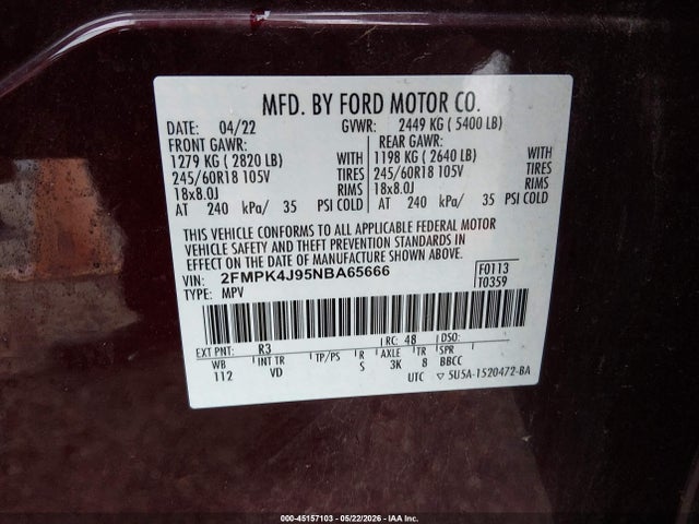 Продаж на аукціоні авто 2022 Ford Edge Sel, vin: 2FMPK4J95NBA65666, номер лоту: 45157103