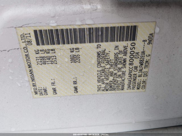Aukcja sprzedaży 2012 Nissan Maxima 3.5 Sv, vin: 1N4AA5APXCC800050, numer aukcji: 45157108