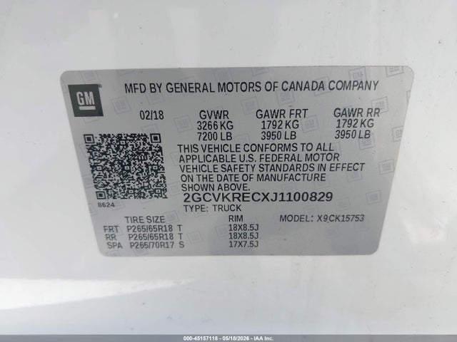 Продажа на аукционе авто 2018 Chevrolet Silverado 1500 1lt, vin: 2GCVKRECXJ1100829, номер лота: 45157118
