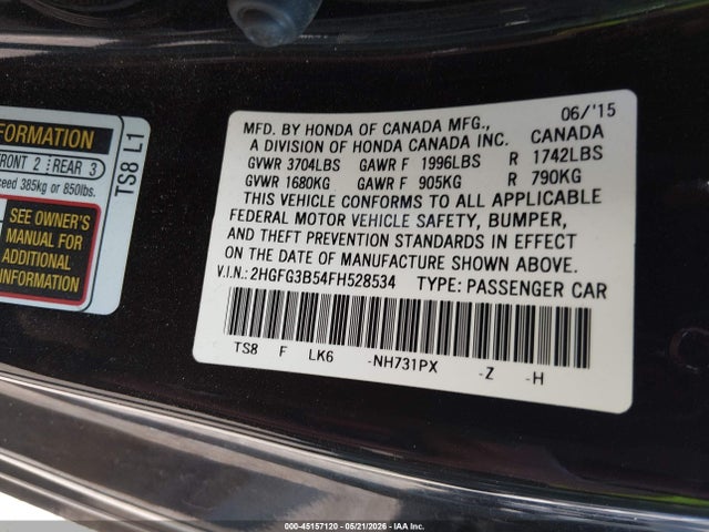 2015 Honda Civic Lx მანქანა იყიდება აუქციონზე, vin: 2HGFG3B54FH528534, აუქციონის ნომერი: 45157120