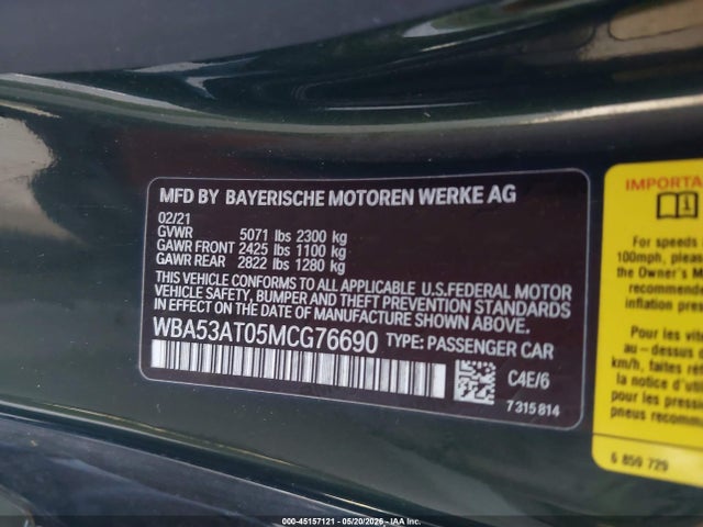2021 Bmw M440i მანქანა იყიდება აუქციონზე, vin: WBA53AT05MCG76690, აუქციონის ნომერი: 45157121