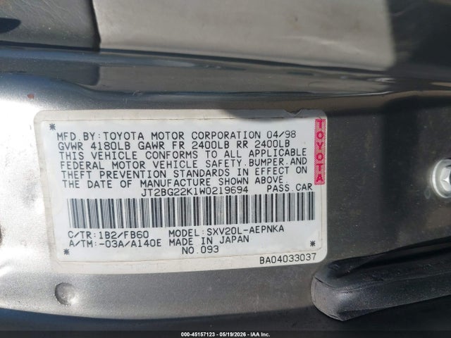 1998 Toyota Camry Le მანქანა იყიდება აუქციონზე, vin: JT2BG22K1W0219694, აუქციონის ნომერი: 45157123