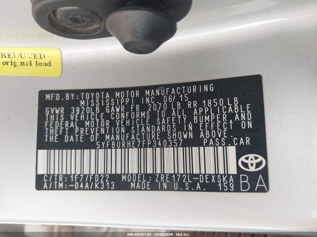 Aukcja sprzedaży 2015 Toyota Corolla S Plus, vin: 5YFBURHE7FP340357, numer aukcji: 45157124