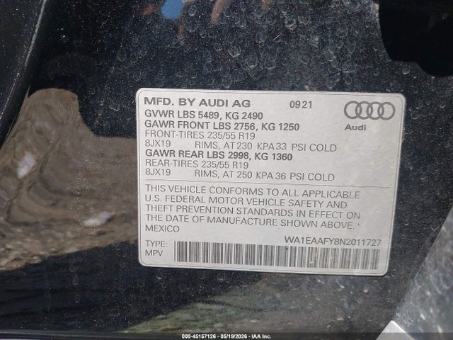 Aukcja sprzedaży 2022 Audi Q5 Premium Plus 45 Tfsi S Line Quattro S Tronic, vin: WA1EAAFY8N2011727, numer aukcji: 45157126